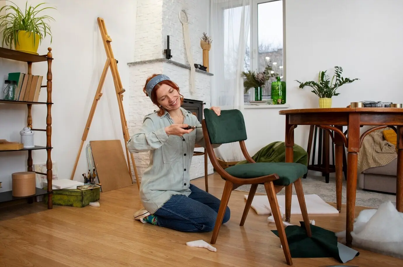 Ganzkörperaufnahme einer Frau, die Möbel restauriert.